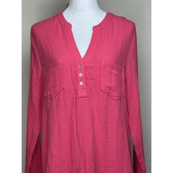 NWT Women’s Popover Gauze Top Tunic SZ XL Pink Long Sleeve Casual 1/4 Button Up - Picture 2 of 15